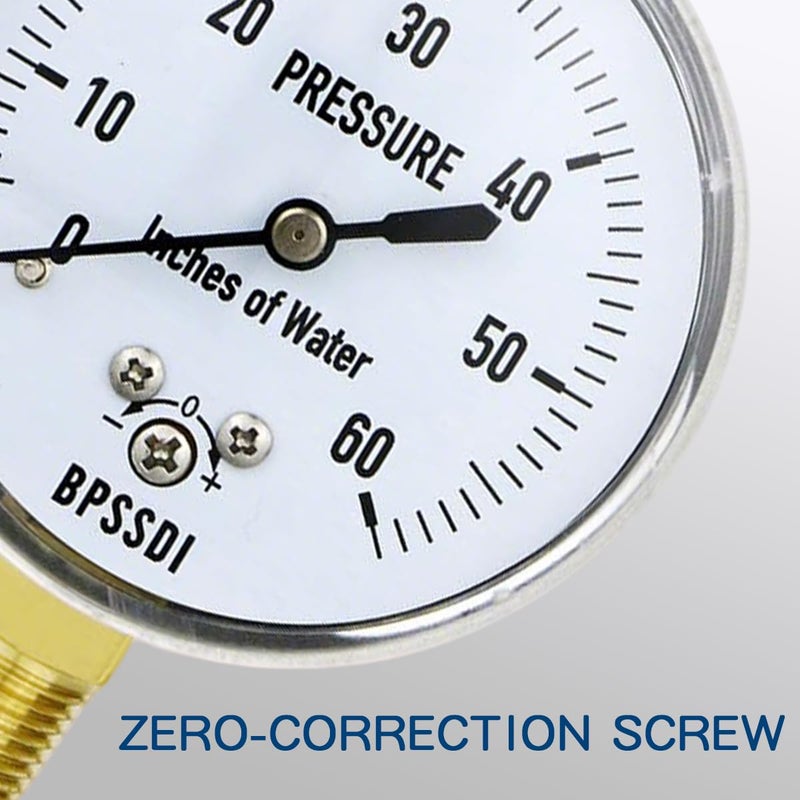 BPSSDI 0-60 Inches of Water Column Gauge, Low Pressure Gauge, Capsule Gauge, 304 Stainless Steel Case, 2.5" Dial Size, 1/4" NPT Lower Mount, Zero Adjustment, for Air Water Gas Pressure Test - Image 4